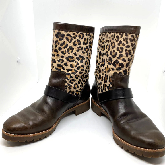 Sperry Britt Brown Leather and Calf Hair Leopard Print Buckle Clasp Boots size 5 - Picture 2 of 10